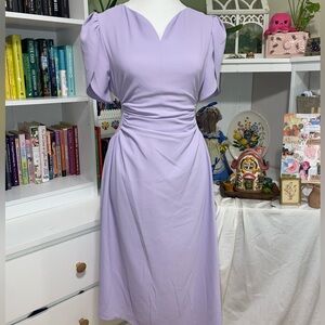 Elegant Lilac Dress with Ruched Waist and Puff Sleeves ✨💜